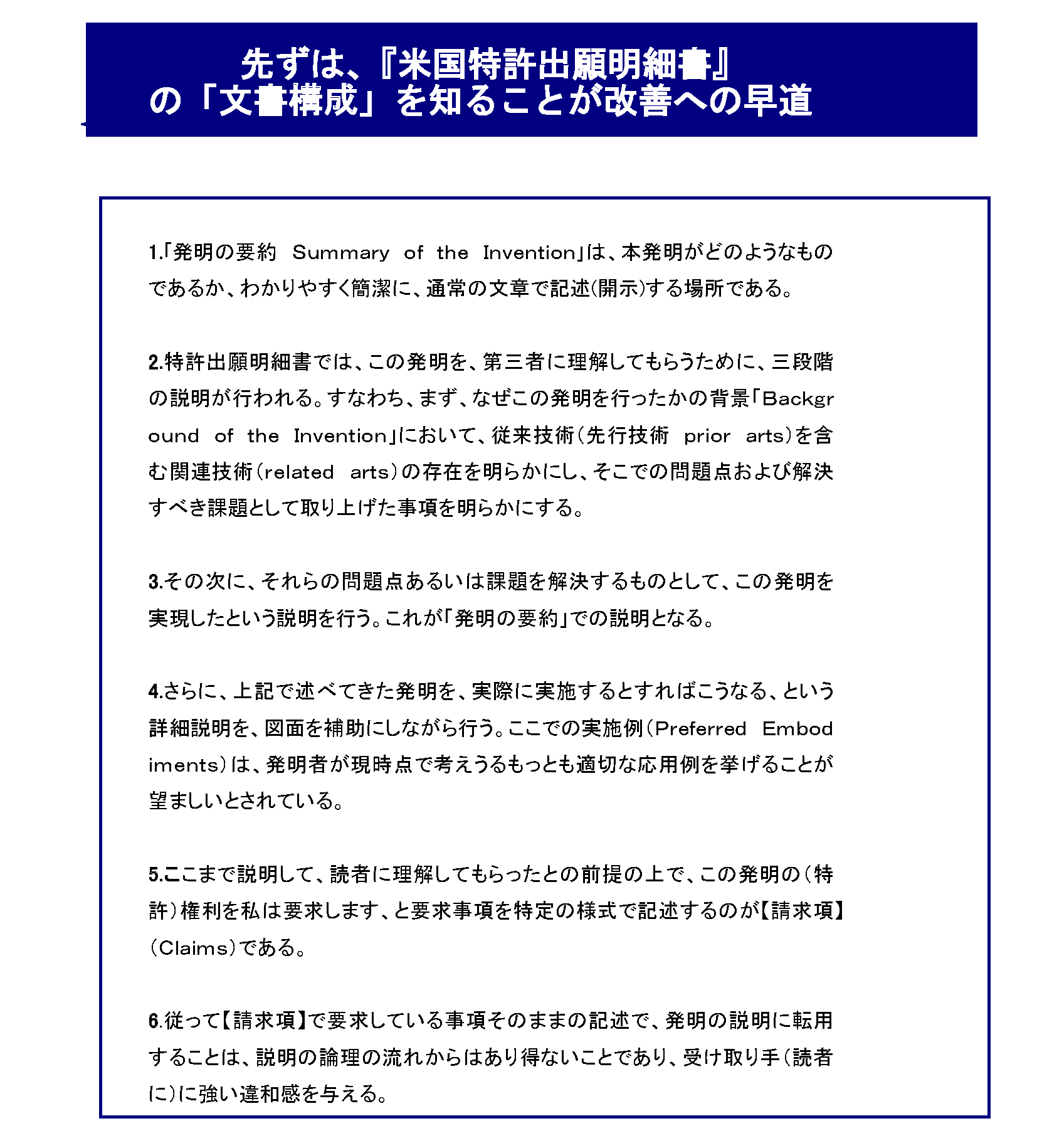 世界で通用する（戦える、共生）できる「基準・規準特許出願明細書」を作ろう_先ずは、『米国特許出願明細書』の「文書構成」を知ることが改善への早道